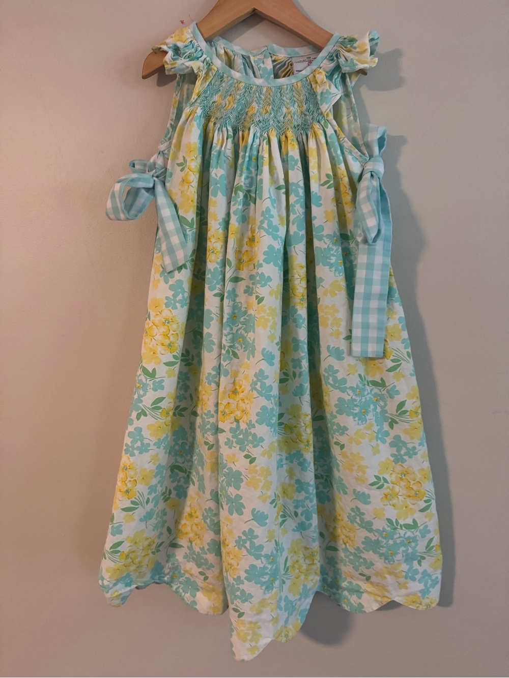Smocked Floral  Dress - Yellow & Aqua